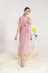 Silk Midi Dress with V-Neckline and Statement Bow
